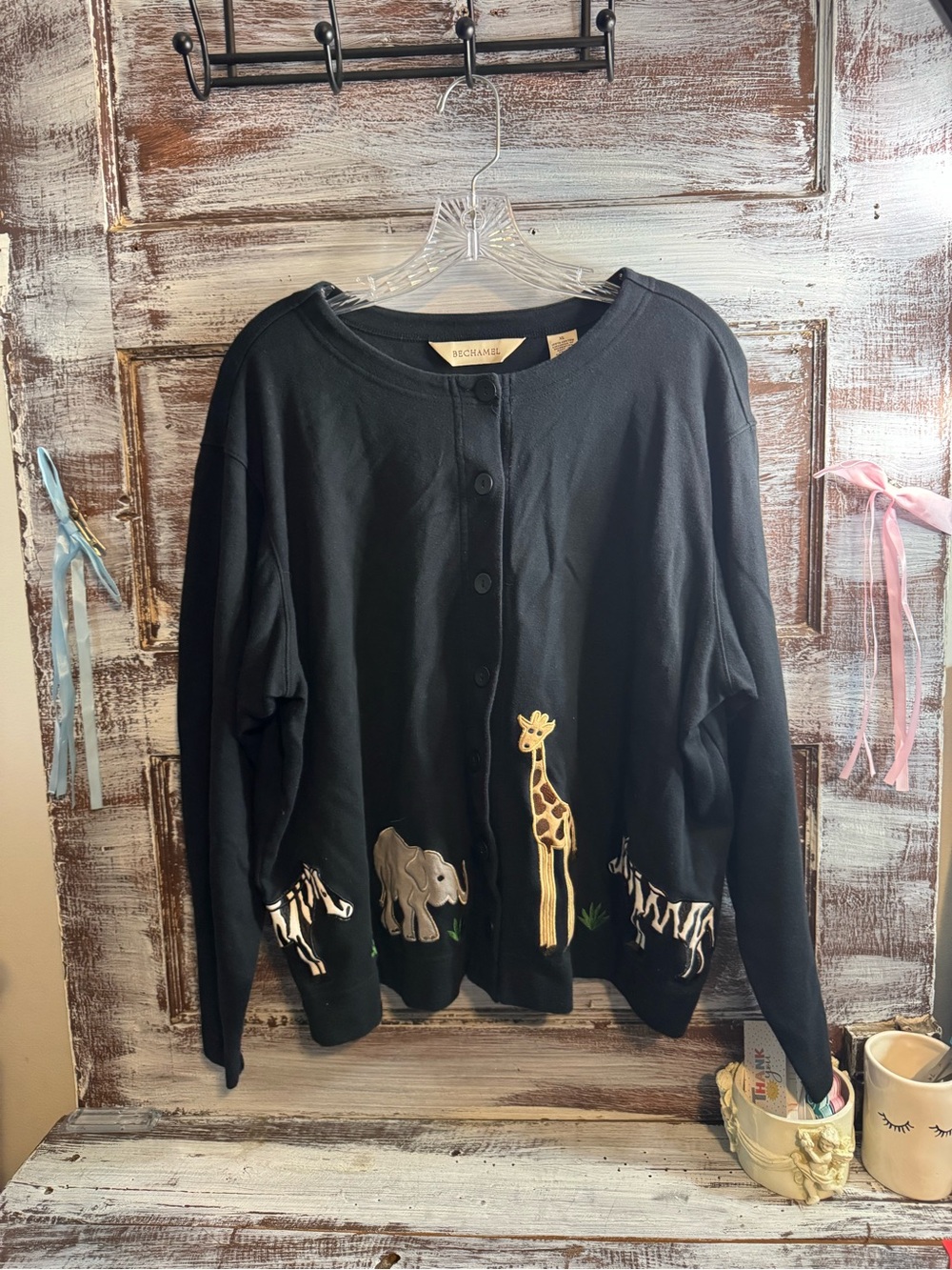 Bechamel Black Safari Animal Embroidered Button Cardigan
